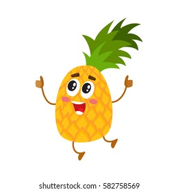 Cute and funny pineapple character jumping and showing thumbs up, cartoon vector illustration isolated on white background. Excited funny pineapple character, mascot giving thumbs up