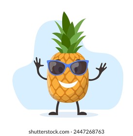 Cute and funny pineapple character with sunglasses. Colorful summer design. Vector illustration in flat style