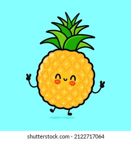 Cute funny pineapple character. Vector hand drawn cartoon kawaii character illustration icon. Isolated on blue background. Pineapple character concept emoji,child,baby,face,adorable,kids