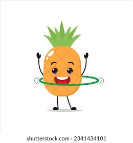 Cute and funny pineapple doing hula hoop. fruit doing fitness or sports exercises. Happy character working out vector illustration.