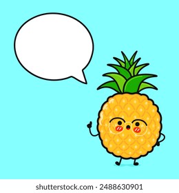 Cute funny Pineapple doing yoga with speech bubble. Vector hand drawn cartoon kawaii character illustration icon. Isolated on blue background. Happy Pineapple character concept