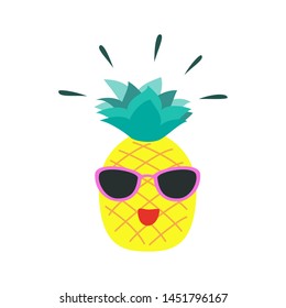 Cute funny pineapple with glasses. Vector illustration. 