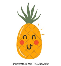 Cute and funny pineapple with happy face expression. Organic healthy food showing emotion. Kawaii doodle character smiling. Hand drawn fruit vector illustration