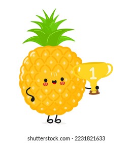 Cute funny pineapple hold gold trophy cup. Vector hand drawn cartoon kawaii character illustration icon. Isolated on white background. Pineapple with winner trophy cup