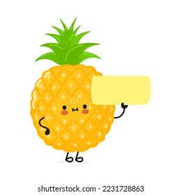 Caricatura divertida de un afiche de piña. Dibujo a mano vectorial en la ilustración del personaje kawaii. Fondo blanco aislado. Afiche de piña
