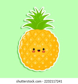 Carácter gracioso de emoticono de piña. Caricatura dibujada a mano del vector icono de ilustración del personaje kawaii. Aislado sobre fondo blanco. Concepto de personaje de piña