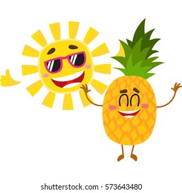 Cute and funny pineapple and sun characters enjoying summer vacation, cartoon vector illustration isolated on white background. Funky pineapple and sun characters, tropical holidays concept