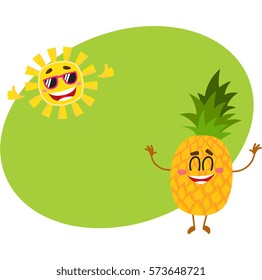 Cute and funny pineapple and sun characters enjoying summer vacation, cartoon vector illustration with place for text. Funky pineapple and sun characters, tropical holidays concept