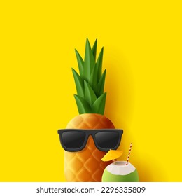 Cute und lustige Ananas in Sonnenbrille und Kokoscocktail mit Strohschirm und Regenschirm, 3D-Darstellung