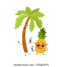 Cute and funny pineapple and tropic palm characters holding cocktail glasses, cartoon vector illustration isolated on white background. Funky pineapple and palm tree characters enjoying vacation