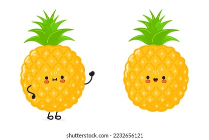 Caracter de mano de piña graciosa. Caricatura dibujada a mano del vector icono de ilustración del personaje kawaii. Aislado sobre fondo blanco. Concepto de personaje de piña