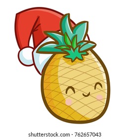 Cute and funny pineapple wearing Santa's hat for Christmas and smiling - vector.