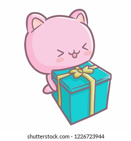 Cute and funny pink bear bringing a gift - vector
