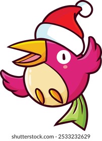 Personaje de dibujos animados de pájaro rosa lindo y divertido que lleva el sombrero de santa que celebra la Navidad