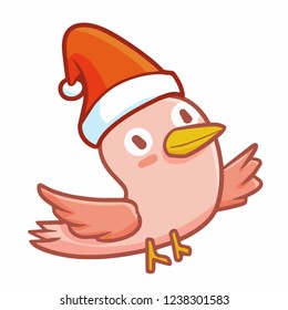 Cute and funny pink bird wearing Santa's hat for christmas, flying and smiling - vector.