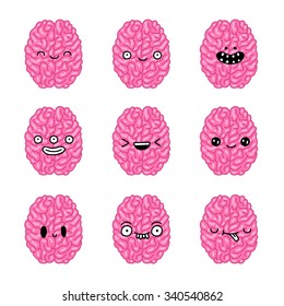 Cute and funny pink brains with different emotions. Vector illustration on white background.