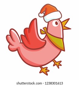 Cute and funny pink chicken wearing Santa's hat for christmas - vector.