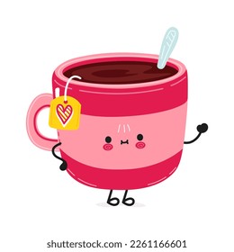 Cute funny pink cup of tea waving hand character. Vector hand drawn cartoon kawaii character illustration icon. Isolated on white background. Pink cup of tea character concept