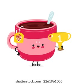 Cute funny pink cup of tea hold gold trophy cup. Vector hand drawn cartoon kawaii character illustration icon. Isolated white background. Happy pink cup of tea with winner trophy cup