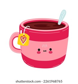 Cute funny pink cup of tea character. Vector hand drawn cartoon kawaii character illustration icon. Isolated on white background. Happy pink cup of tea character concept