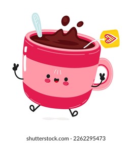 Cute funny pink cup of tea jumping character. Vector hand drawn cartoon kawaii character illustration icon. Isolated on white background. Happy pink cup of tea character concept