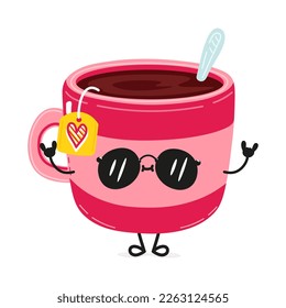 Lustige lustige rosa Tasse Teecharakter. Vektorhandgezeichnete Cartoons kawaii Zeichentricksymbol. Einzeln auf weißem Hintergrund. Happy rosa Tasse Teecharakter