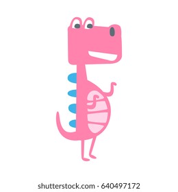 Cute funny pink dinosaur standing. Prehistoric animal character colorful vector Illustration