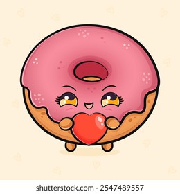 Rosquinha rosa engraçado bonito com o coração na mão. Ícone de ilustração de personagem kawaii desenhado à mão vetor. Isolado no fundo claro. Conceito de caractere de rosca