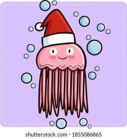 Cute and funny pink jellyfish wearing Santa's hat for Christmas