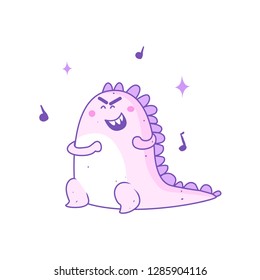 Cute funny pink lizard dancing at a party . Pastel colors on white background. Vector illustration