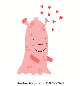 Cute funny pink monster, hearts, isolated on white. Hand drawn vector illustration. Flat style design. Concept for kids Valentines day card, holiday print, invite, gift tag, poster, banner.