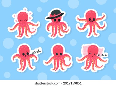 Cute Funny Pink Octopus with Tentacles Sleeping on Pillow and with Angry Face Vector Sticker Set