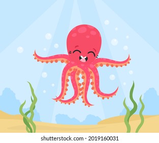 Cute Funny Pink Octopus with Tentacles Swimming Vector Illustration
