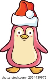 Cute and funny pink penguin cartoon character wearing santa's hat celebrating christmas