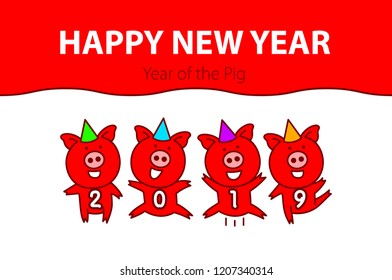 Cute funny pink pig. Happy New Year. Chinese symbol of the 2019 year. vector black line drawing four pigs dancing celebrating