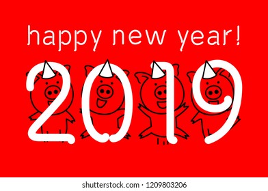 Cute funny pink pig. Happy New Year. Chinese symbol of the 2019 year. vector black line drawing four pigs dancing celebrating art