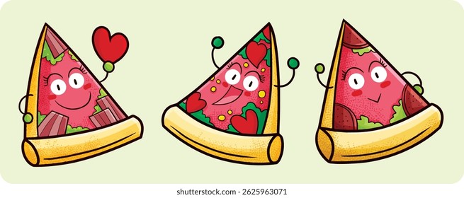 Cute and funny pink pizza cartoon illustration set