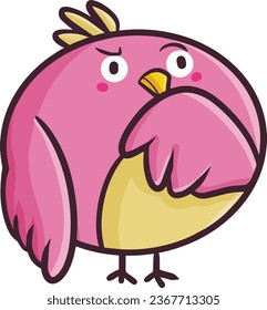 Cute and funny pink rounded bird in thinking pose cartoon illustration