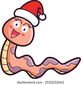 Cute and funny pink snake cartoon character wearing santa's hat celebrating christmas