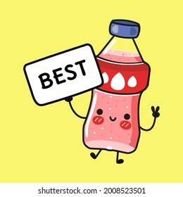 Cute funny pink soda with poster. Vector hand drawn cartoon kawaii character illustration icon. Isolated on yellow background. Pink soda think concept