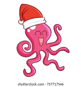 Cute and funny pink squid wearing Santa's hat for Christmas and smiling - vector.