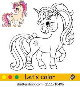 Curioso unicornio rosa. Colorear la página del libro con la plantilla de color. Ilustración de dibujos animados. Para los niños colorido, tarjeta, impresión, diseño, decoración y rompecabezas.