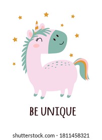 cute funny pink unicorn isolated on white background, vector illustration for greeting cards and any design