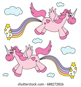 Cute funny pink unicorns farting rainbow and flying