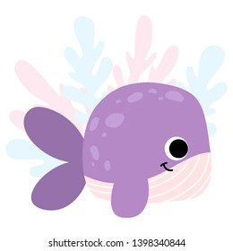 Cute funny pink whale on abstract background. Cartoon pink dolphin hand drawn vector style. Underwater character for girl, kids book, poster, clothes, design.