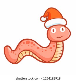 Cute and funny pink worm smiling and wearing Santa's hat for christmas - vector