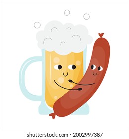 Cute And Funny Pint Of Beer Hugging A Sausage. Alcohol Concept In Flat Style. Cartoon Glass Mag Of Foam Vector Illustration