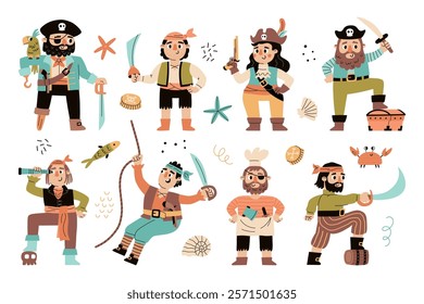 Cute funny pirates. Cartoon characters, ships crew members, robbers and robbers of seas, captain with parrot, sailors and cook, vector set