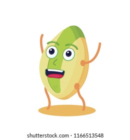 Cute and funny pistachio character. High protein resource. Vegan food. Vector flat illustration.
