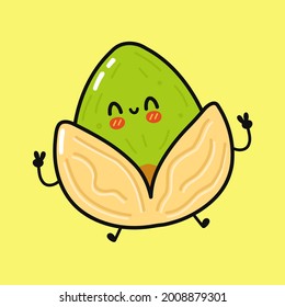 Cute funny pistachio character. Vector hand drawn cartoon kawaii character illustration icon. Isolated on yellow background. Pistachio character concept